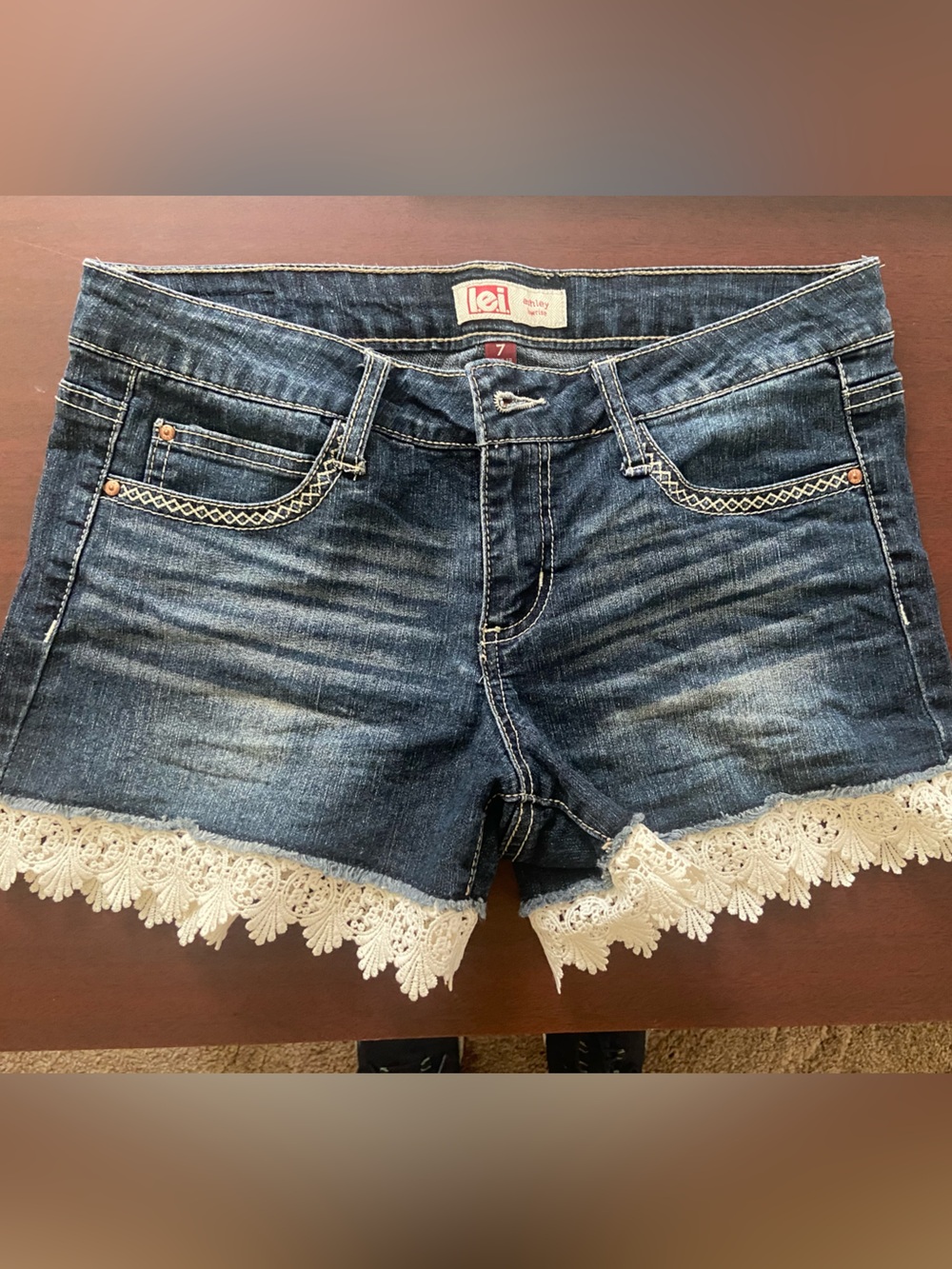 lei Dark Blue Denim Shorts with White Lace Hem